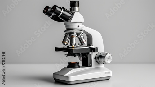 A white compound microscope with two lenses and a stage for viewing slides.