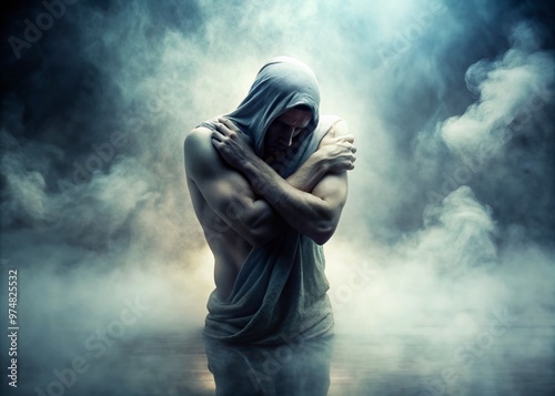 A solitary figure stands alone, shrouded in mist, with arms wrapped tightly around their body, conveying a sense photo