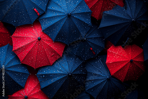 View from above Elegant blue and red umbrellas with waterdrops
