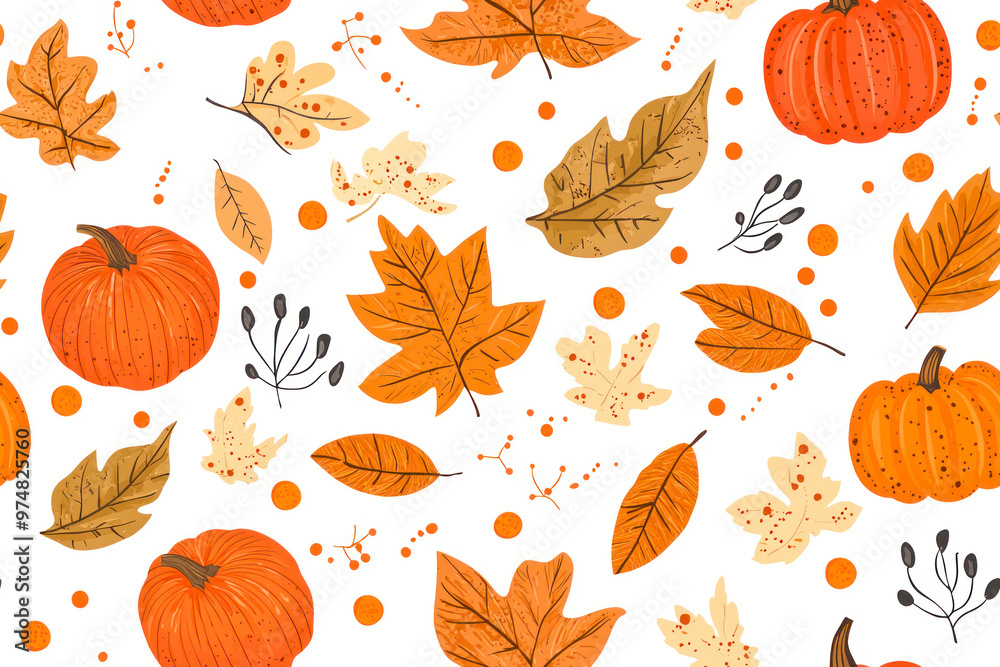 Seamless pattern with autumn leaves and pumpkins. Falling leaves. Autumn botanical background. Seamless pattern with autumn leaves and pumpkins. Falling leaves. Autumn botanical background.
