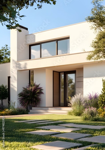 Modern House Exterior With Green Grass And Stone Pathway