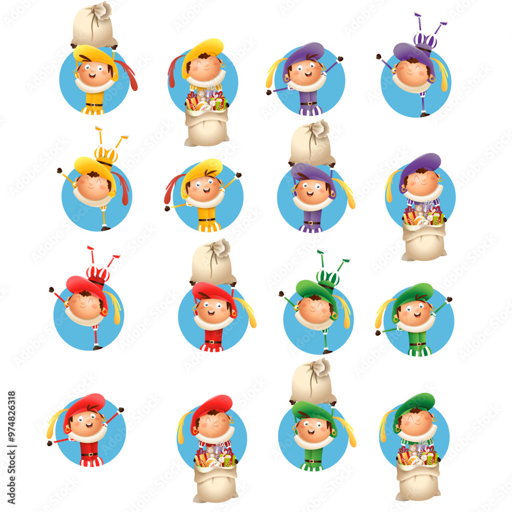 Saint Nicholas or Sinterklaas friends - stickers - vector illustration isolated on transparent background Saint Nicholas or Sinterklaas friends - stickers - vector illustration isolated on transparent background