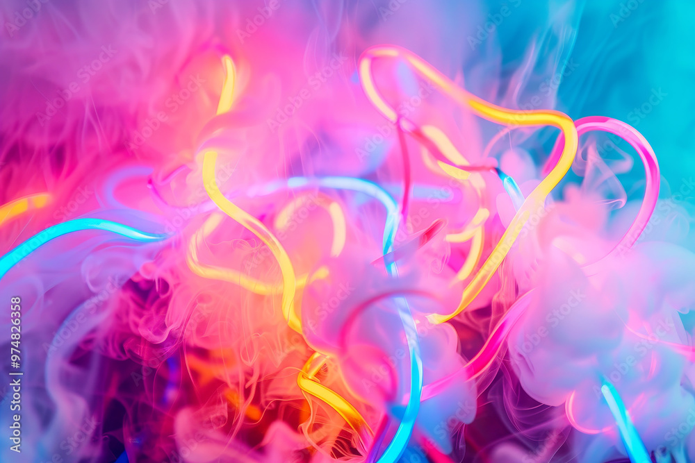 The image is a colorful and vibrant display of neon lights and smoke The image is a colorful and vibrant display of neon lights and smoke