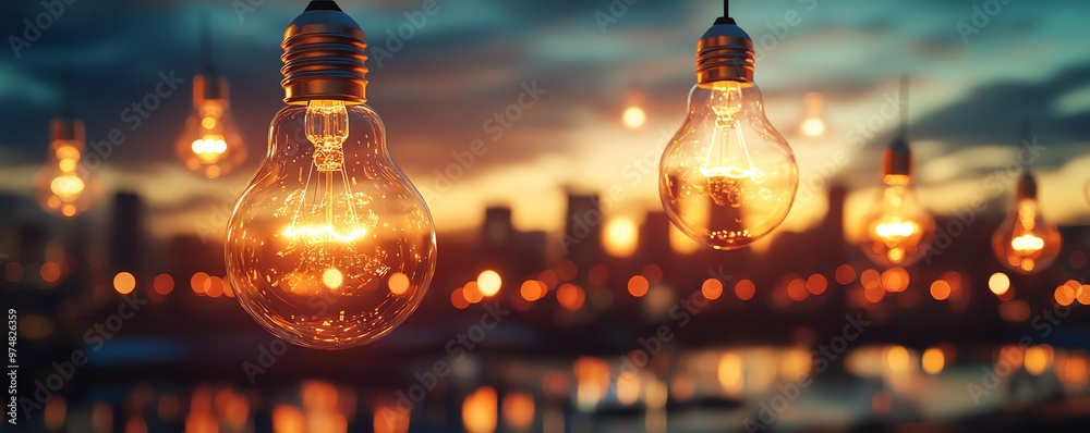 Stunning view of hanging light bulbs against a sunset backdrop, creating a warm and inviting atmosphere in evening ambiance. Stunning view of hanging light bulbs against a sunset backdrop, creating a warm and inviting atmosphere in evening ambiance.