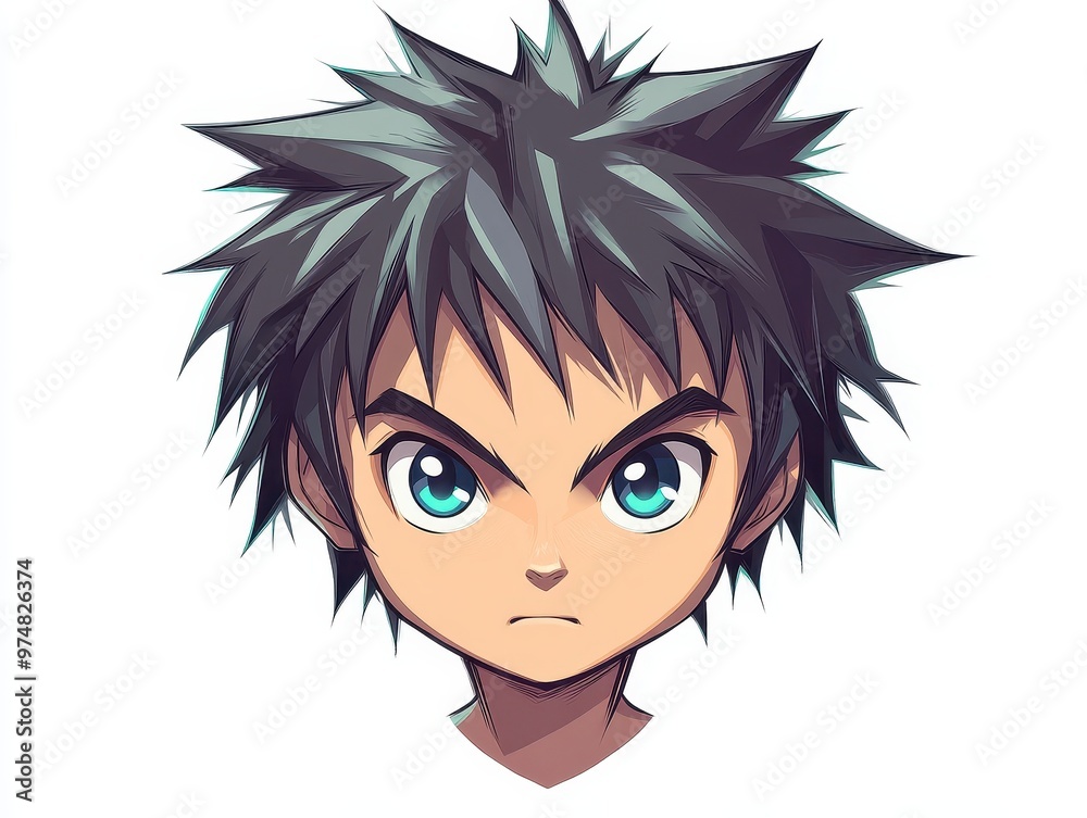 Vibrant Anime Portrait of a Boy with Spiky Hair and Bright Eyes on White Background Vibrant Anime Portrait of a Boy with Spiky Hair and Bright Eyes on White Background