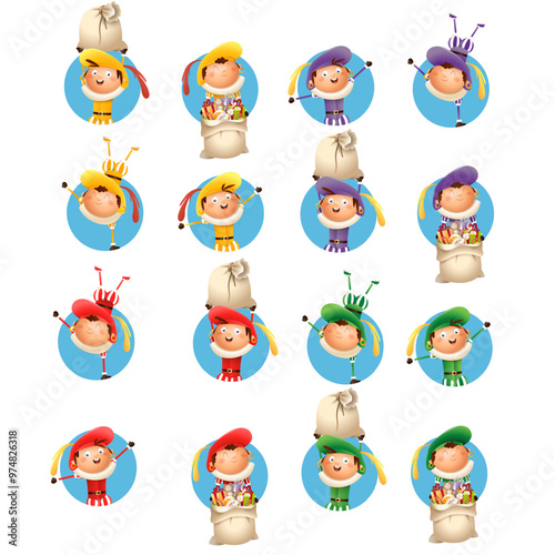 Saint Nicholas or Sinterklaas friends - stickers - vector illustration isolated on transparent background