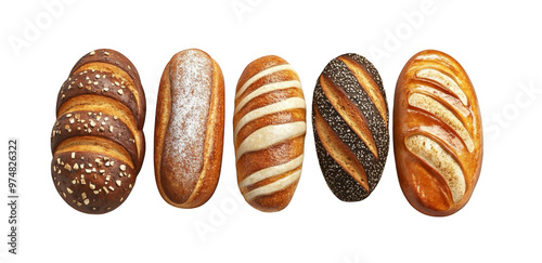 Five pieces of baked bread isolated transparent background image photo