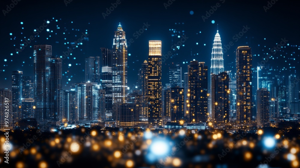 Fototapeta premium Captivating Cityscape at Night with Illuminated Skyscrapers and Glowing Lights in Metropolitan Downtown
