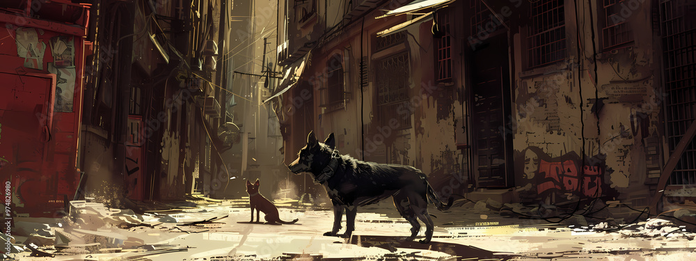 Fototapeta premium A black dog and a cat sit poised in a sunlit alley, surrounded by urban decay and vibrant street art, creating a contrasting scene of life.