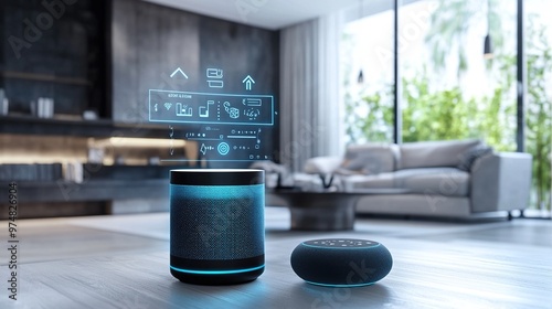 Smart speaker with digital interface showing search optimization results, home environment, focused on the seamless use of voice commands photo