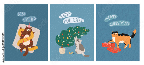 New Year and Christmas greeting cards with cute cats. Feline pets lying on rug with garlands, playing with Christmas tree, climbed into giftbox. Vector flat design for celebration print, poster