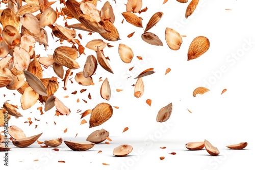 A group of nuts are suspended in mid-air, creating a dynamic and whimsical scene