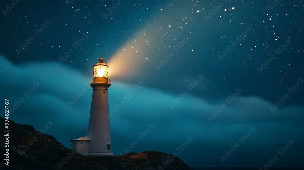 A lighthouse shines its beacon under a starry sky.