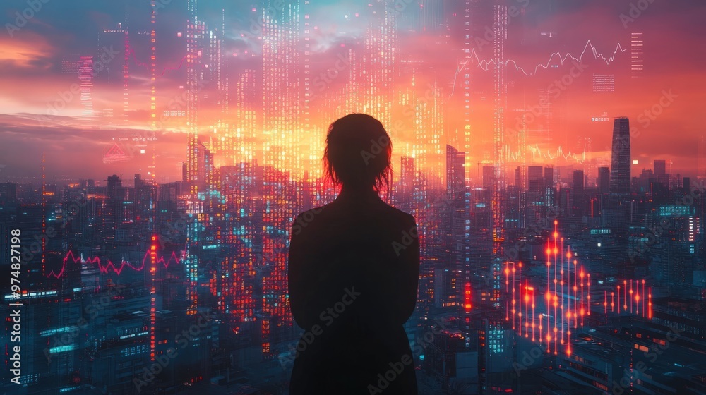 Silhouette of a person looking at the city skyline Silhouette of a person looking at the city skyline