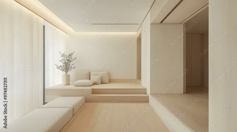 Fototapeta premium Minimalist Interior Design with Wooden Platform and White Curtains