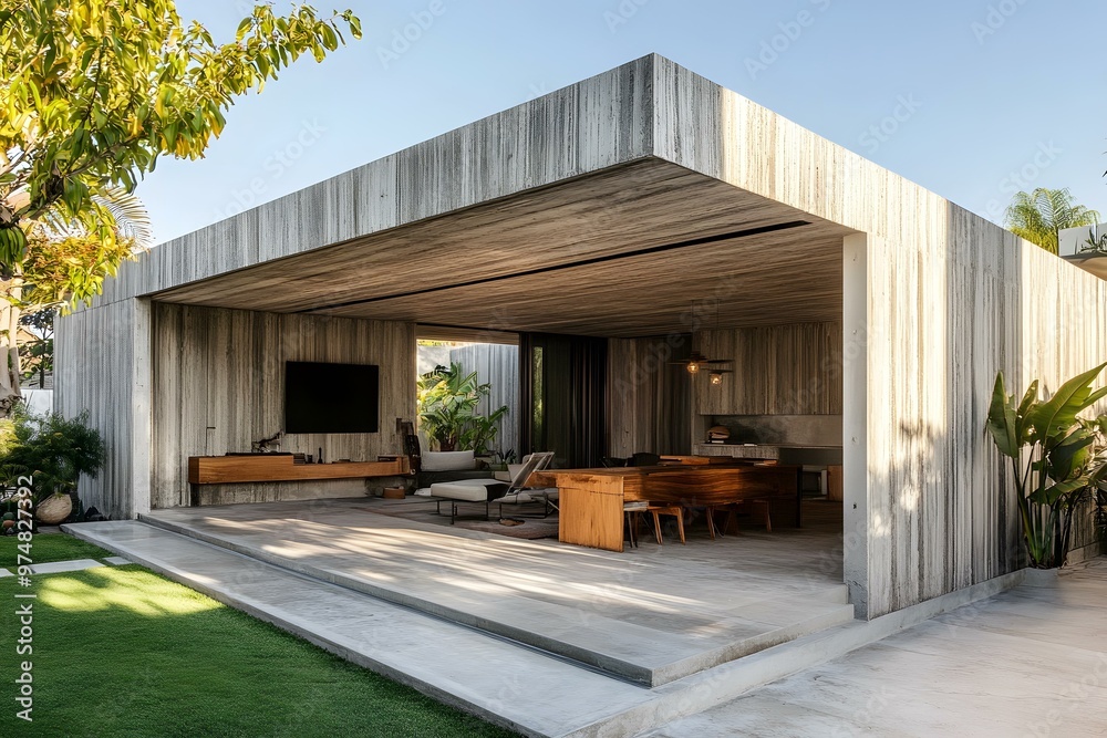 Modern Concrete House with Wooden Beams and Patio Modern Concrete House with Wooden Beams and Patio