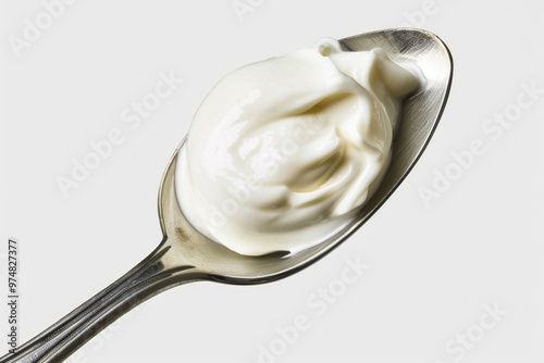 A spoonful of yogurt sits on a table, ready for use