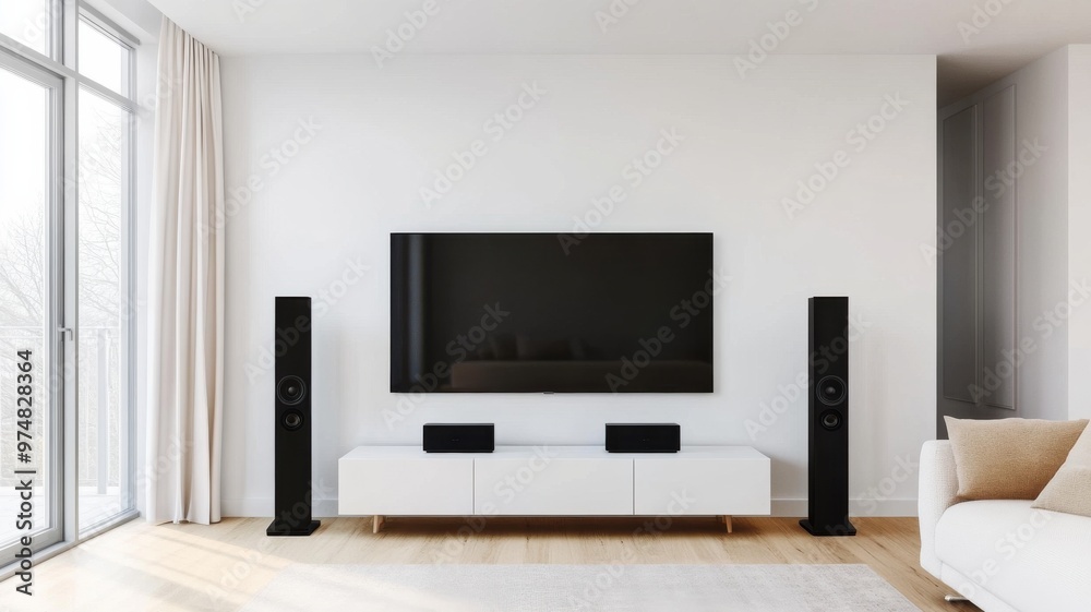 Modern living room featuring a sleek entertainment unit with a large TV and stylish audio speakers, creating a minimalist aesthetic. Modern living room featuring a sleek entertainment unit with a large TV and stylish audio speakers, creating a minimalist aesthetic.