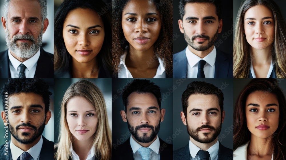 A group of people with different facial features and attire, including ties A group of people with different facial features and attire, including ties