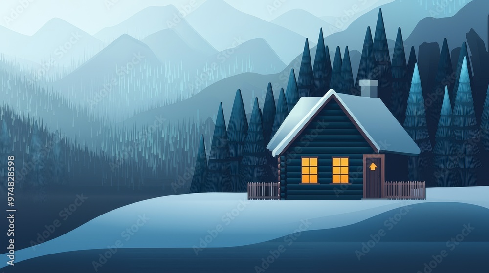A serene winter landscape featuring a cozy cabin surrounded by snow-covered trees and mountains in the background. A serene winter landscape featuring a cozy cabin surrounded by snow-covered trees and mountains in the background.
