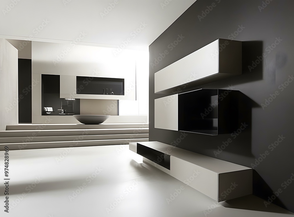 Modern Minimalist Interior Design with Floating Shelves and a Freestanding Tub Modern Minimalist Interior Design with Floating Shelves and a Freestanding Tub