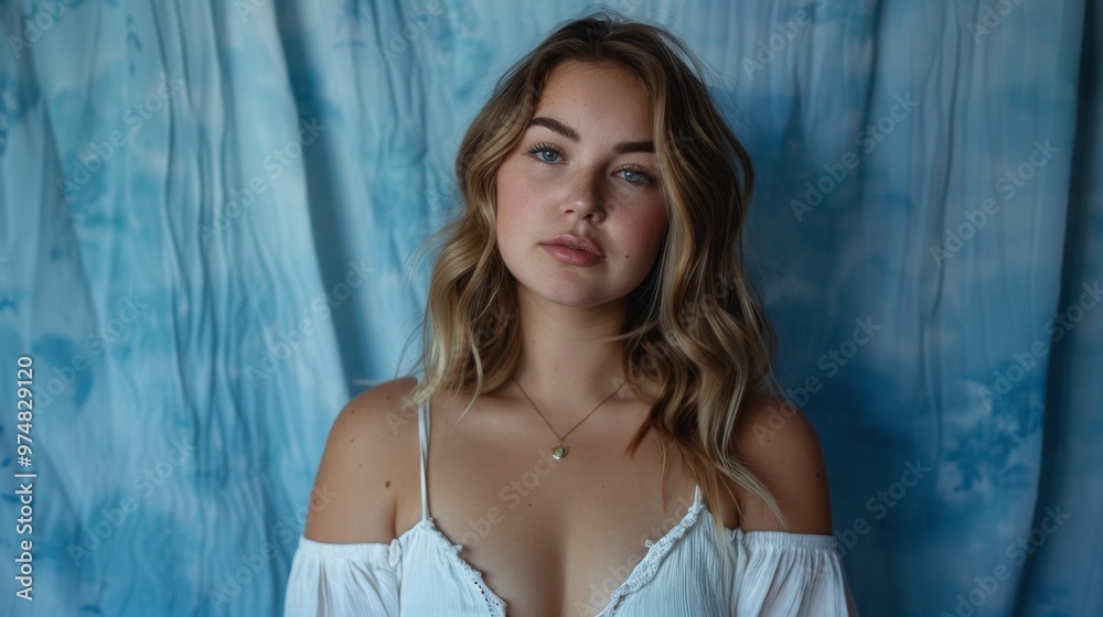 Naklejka premium portrait of beautiful woman with blue curtain type background