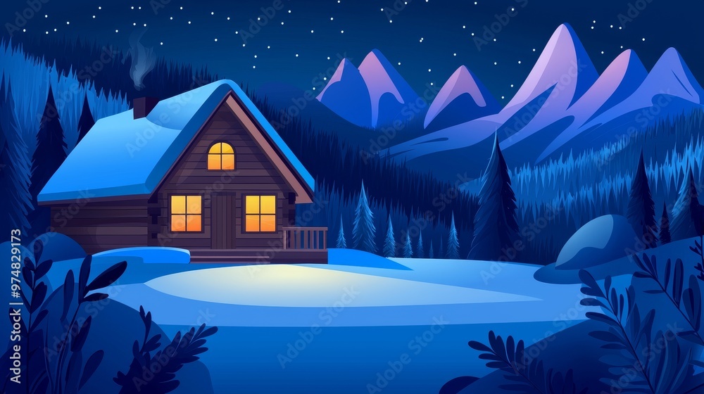 Fototapeta premium A serene winter night scene featuring a cozy cabin surrounded by snow-covered mountains and a starry sky.
