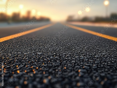 A highway exit ramp with smooth asphalt, leading to a suburban area with streetlights in the distance exit ramp, asphalt, smooth surface suburban