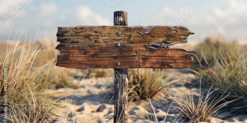 A wooden sign sits atop a sandy beach, possibly marking a boundary or providing information photo