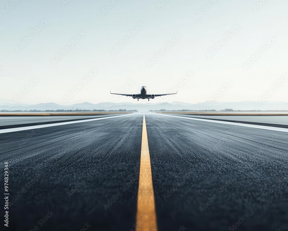 A smooth airport runway of dark asphalt, with a plane taking off into the sky runway, asphalt, smooth surface A smooth airport runway of dark asphalt, with a plane taking off into the sky runway, asphalt, smooth surface