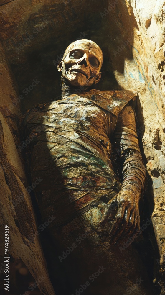 Ancient mummy resting in a tomb.