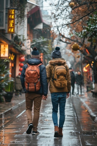 Couple walking together in the rain, umbrella not needed