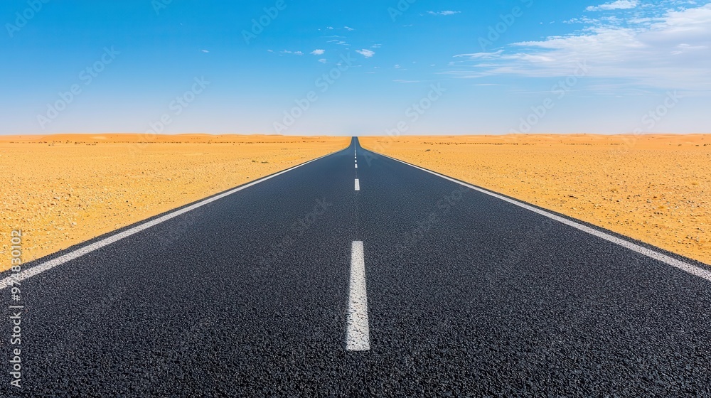 Naklejka premium A wide-open desert road with smooth, flawless asphalt stretching into the distance under a blue sky desert road, asphalt, smooth surface