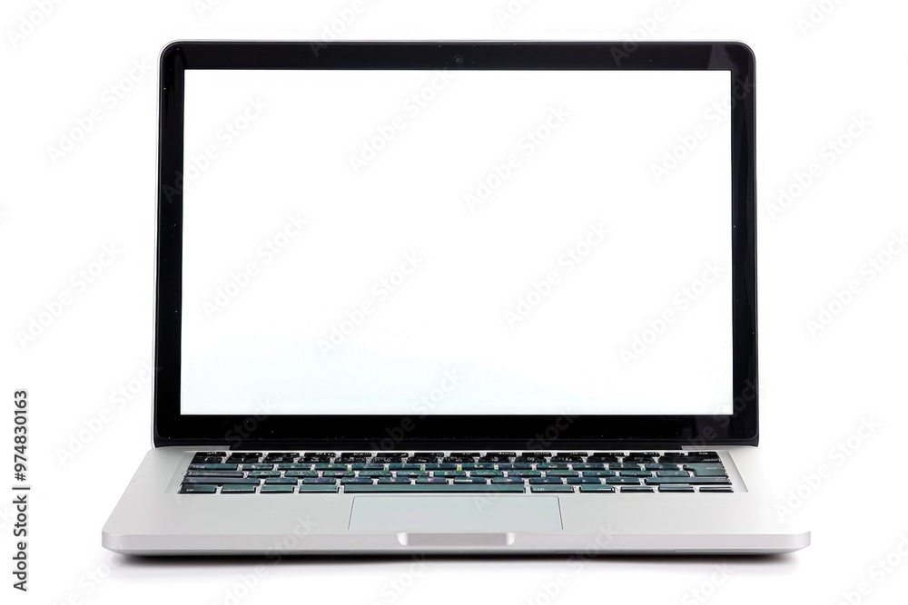 A laptop computer with a white screen sitting on a white surface, ideal for use as a placeholder or background image A laptop computer with a white screen sitting on a white surface, ideal for use as a placeholder or background image