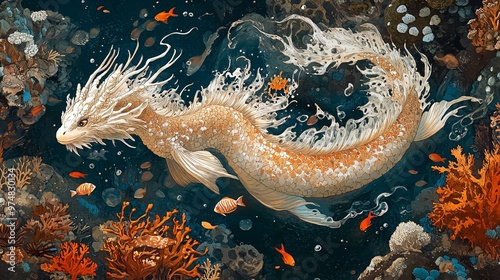 A white dragon swims through a vibrant coral reef, its scales shimmering in the sunlight. photo