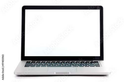 A laptop computer with a white screen sitting on a white surface, ideal for use as a placeholder or background image
