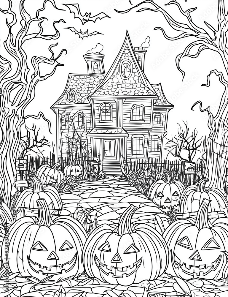 Halloween Coloring Page: Spooky and Fun Haunted House with Bats and Pumpkins - Clean Line Art for All Ages - Black and white - Printable pages Halloween Coloring Page: Spooky and Fun Haunted House with Bats and Pumpkins - Clean Line Art for All Ages - Black and white - Printable pages