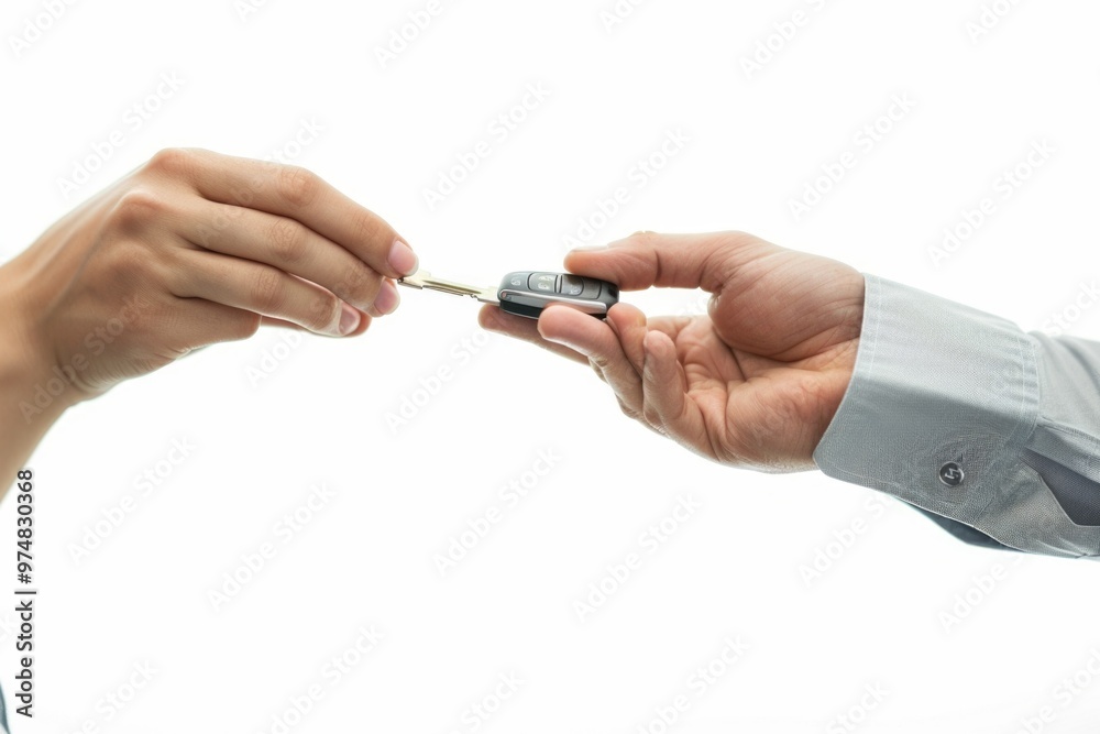 A person handing a car key to another person A person handing a car key to another person