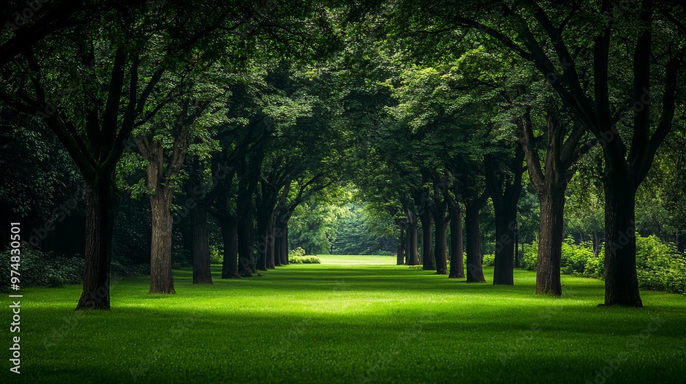 Serene path through a forest of trees with green leaves. Serene path through a forest of trees with green leaves.