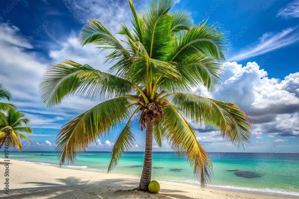 A tall palm tree stands alone on a sunny beach, its slender trunk adorned with a lush crown