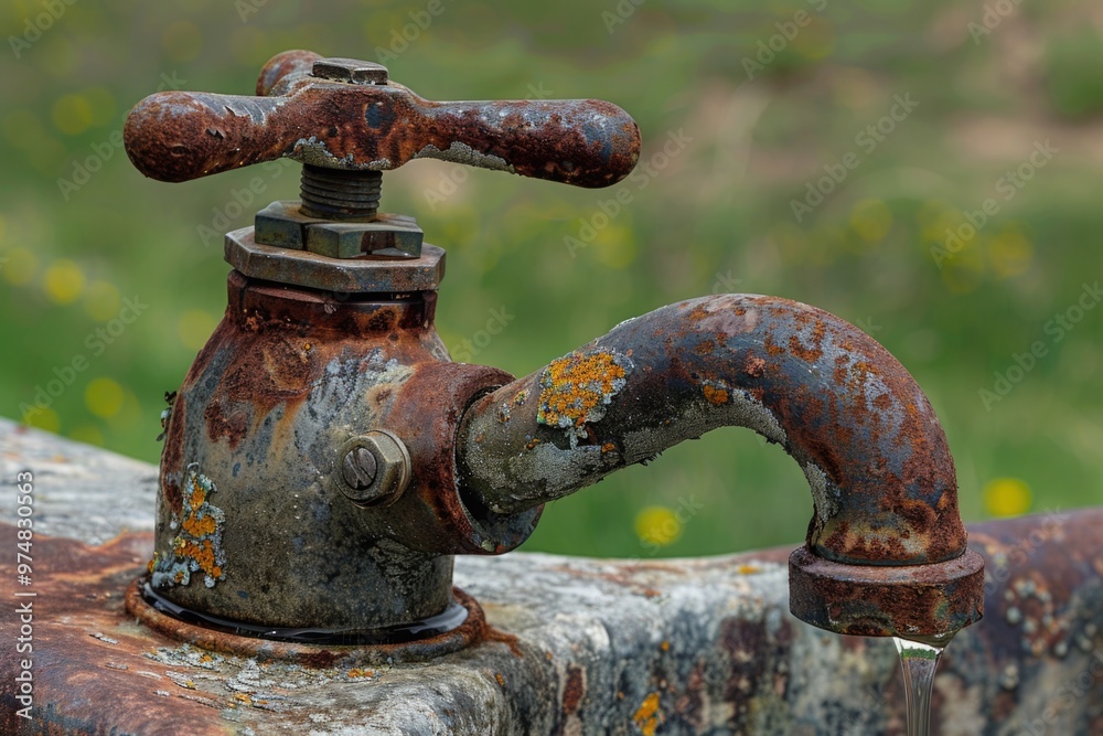 A worn-out faucet with a spigot, perfect for rustic or vintage-themed designs A worn-out faucet with a spigot, perfect for rustic or vintage-themed designs