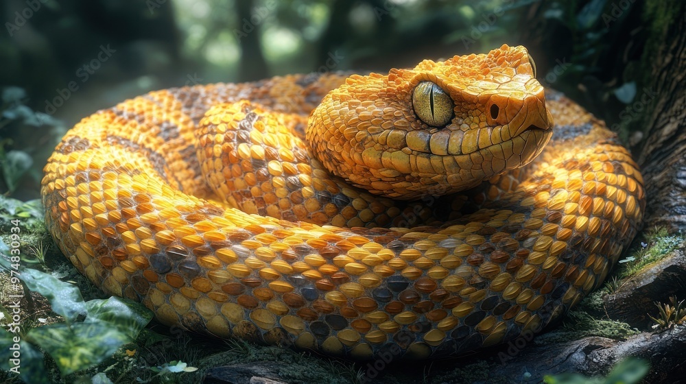 A vibrant, coiled snake resting on the forest floor. A vibrant, coiled snake resting on the forest floor.