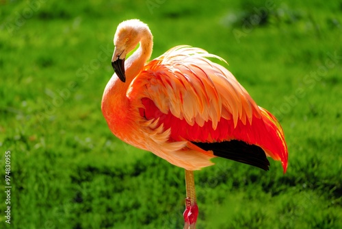 A vibrant pink flamingo stands gracefully on one leg amidst lush green grass, showcasing its stunning red-orange feathers. Perfect for photographers and designers seeking eye-catching images.