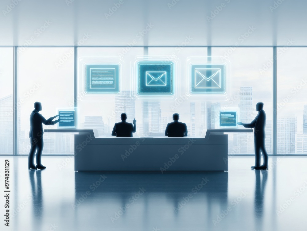 Obraz premium Silhouettes of business professionals interacting in a modern office setting with digital screens showcasing data and emails.