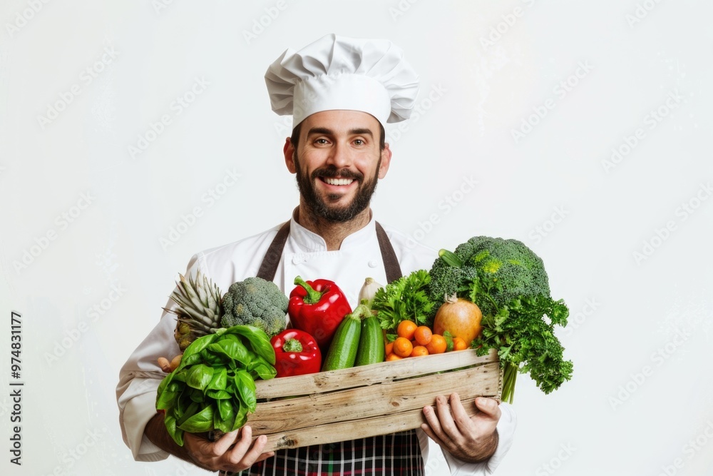 A chef holds a crate of fresh vegetables, ready for use in the kitchen A chef holds a crate of fresh vegetables, ready for use in the kitchen