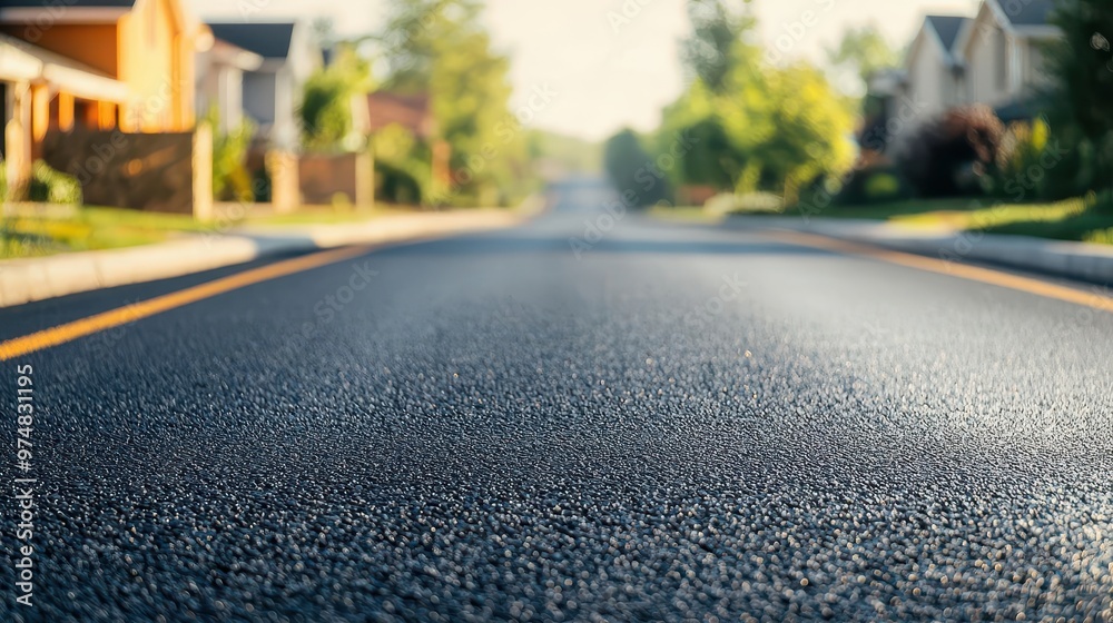 A freshly paved asphalt road through a suburban neighborhood, with smooth surface and new road markings suburban road, asphalt, smooth surface A freshly paved asphalt road through a suburban neighborhood, with smooth surface and new road markings suburban road, asphalt, smooth surface
