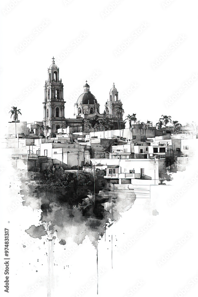 Fototapeta premium Reynosa, Mexico, black and white pen pencil hand-drawn effect portrait drawing illustration for travel poster, card, wallpaper, backdrop or banner. Modern, clear, artistic and simple
