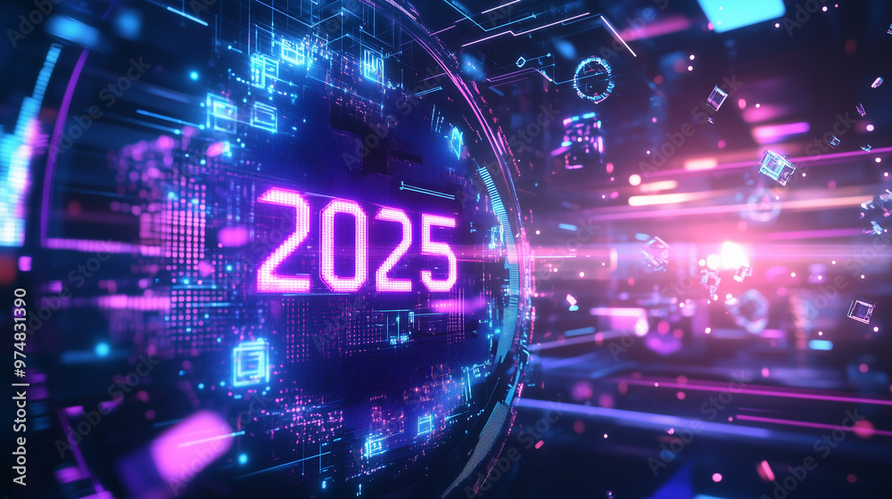 Digital New Year 2025 Countdown Display with Futuristic Tech Elements. Digital New Year 2025 Countdown Display with Futuristic Tech Elements.