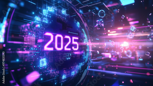 Digital New Year 2025 Countdown Display with Futuristic Tech Elements.