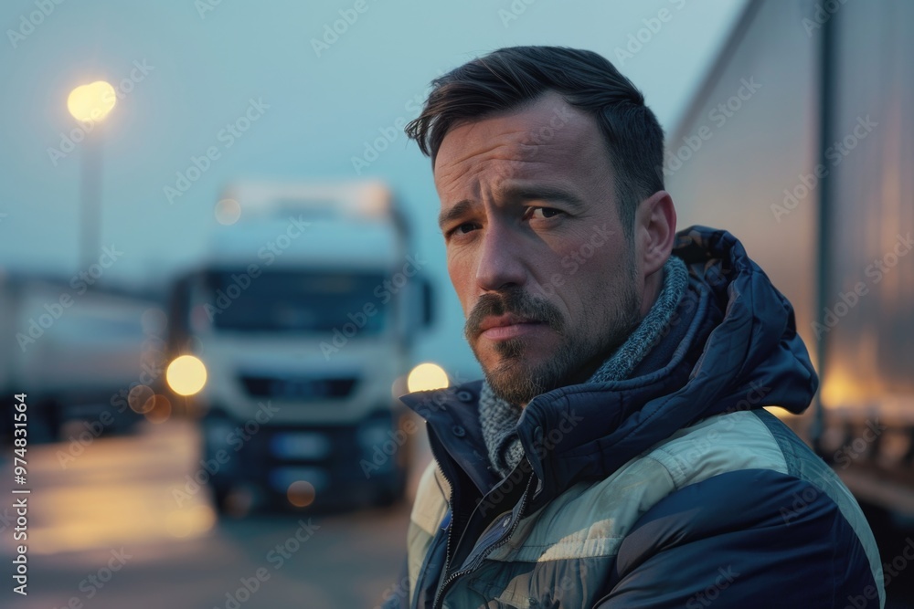 A person standing next to a large commercial vehicle, perfect for transportation or logistics-themed projects A person standing next to a large commercial vehicle, perfect for transportation or logistics-themed projects